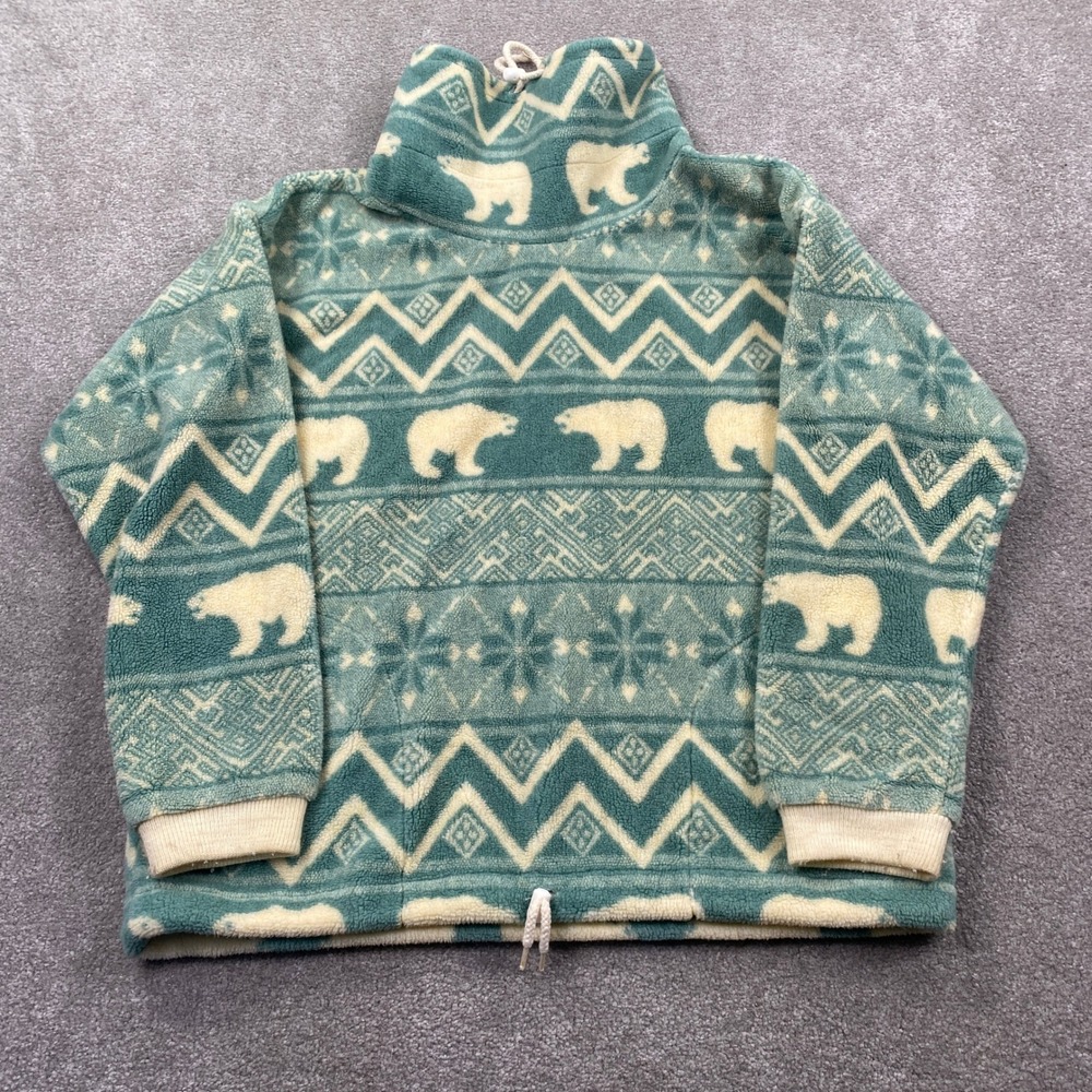 Sunbuster Fleece Pullover Unisex Medium Teal Polar Bear Fair Isle Vintage USA